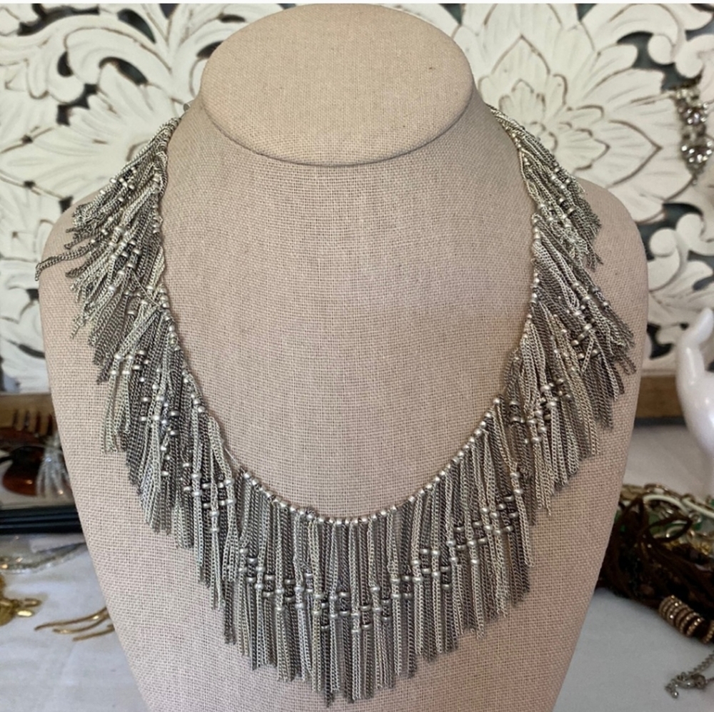 Chico’s Silver Tone Fringe and Bead Necklace 2